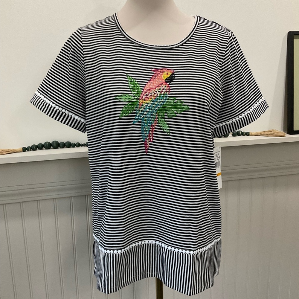 NWT Alfred Dunner Striped Top Small Embroidered Parrot Beaded Tropical Tee